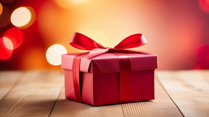 Red gift box with red bow on wooden table on light bokeh background. Generated AI