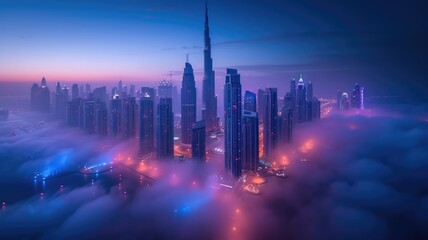 Dubai skyline, an impressive aerial top view of the city in Dubai Marina on a foggy
