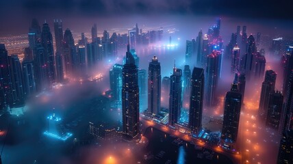 Fototapeta na wymiar Dubai skyline, an impressive aerial top view of the city in Dubai Marina on a foggy