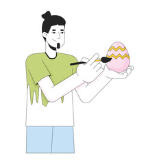 Easter-egg painting man adult caucasian 2D linear cartoon character. Holding egg happy guy isolated line vector person white background. Easteregg eastertide custom color flat spot illustration