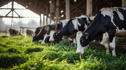 Cows grazing in a modern, naturally lit barn, showcasing a blend of nature and technology. - obrazy, fototapety, plakaty