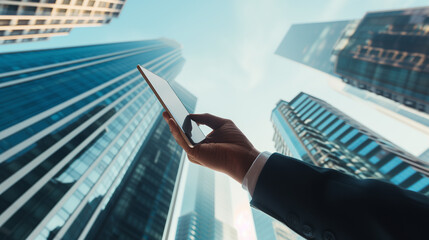 Businessman finger touch tablet in hand, skyscrapers - Powered by Adobe