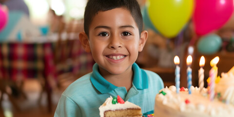 Latin boy with birthday cake, party