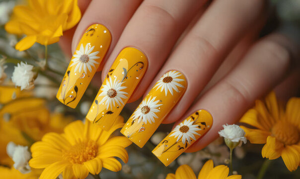 hand with yellow painted nails decorated with white daisies