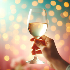 Hands holding glasses of white wine and people cheering on pastel bokeh background