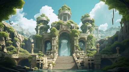 Ivy-covered fantastical structure stands out in surreal landscape, generative AI