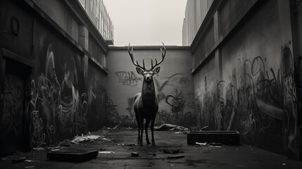 Elk Standing Strong in an Alley with Graffiti in Monochrome