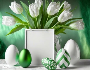 Biało - zielone tło wielkanocne z pisankami, tulipanami i ramką z miejscem na tekst
