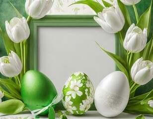 Fototapeta premium Biało - zielone tło wielkanocne z pisankami, tulipanami i ramką z miejscem na tekst