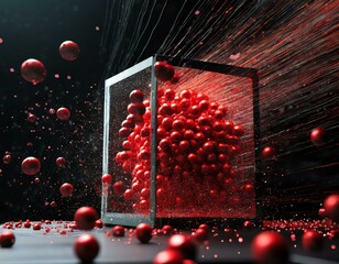 Abstrakcyjne tło z wirującymi wewnątrz szklanego pojemnika czerwonymi kulkami 
