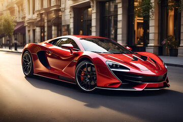 A luxurious car in red, with lights reflecting off its shiny body as it moves down the street.
