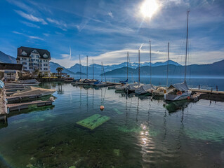 Waterfront of Weggis, shore of Lucerne Lake in the Luzern canton in Switzerland