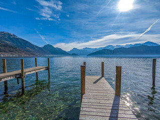 Waterfront of Weggis, shore of Lucerne Lake in the Luzern canton in Switzerland