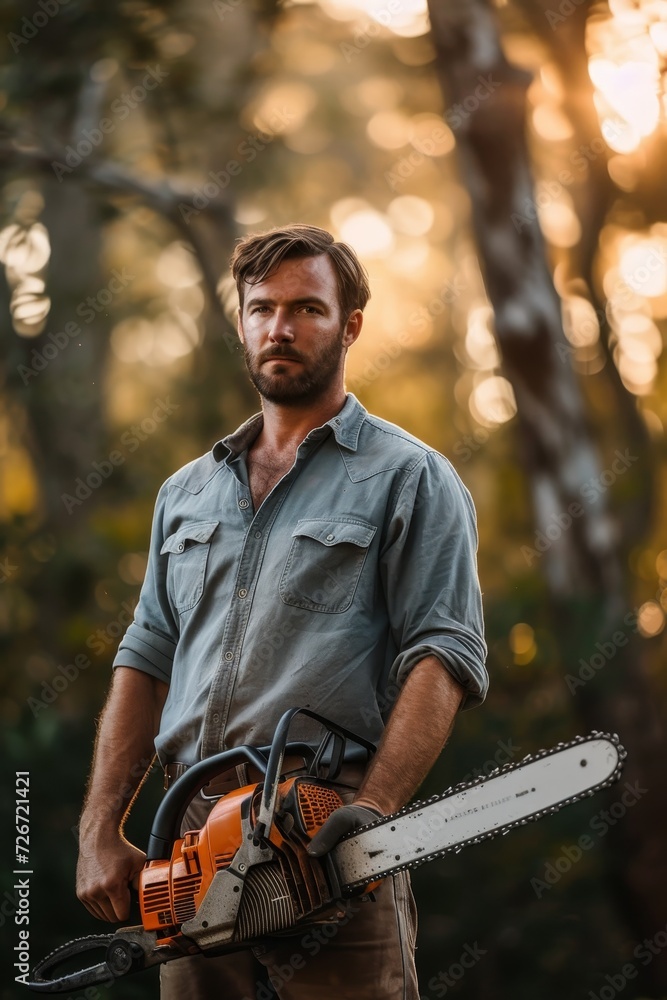 Poster confident man holding a chainsaw, standing in the forest.