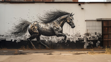 Dynamic Horse Mural in Monochrome Against Urban Backdrop