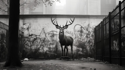 Monochrome Mural of Majestic Elk in Urban Landscape