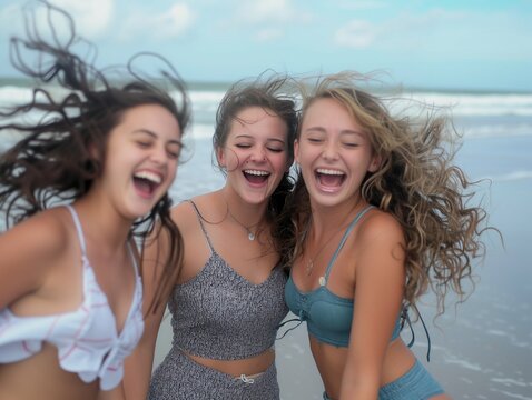 three female friends having fun on the beach, girls in holidays