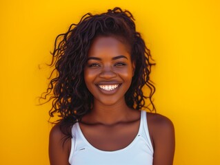 Black athletic smilling woman on a yellow background