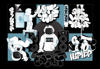 Hip hop spaceman and lettering illustration set. Fun image poster  party