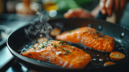 close up of a chef cooking salmon. home kitchen stove, delicous meat, cuisine, landscape