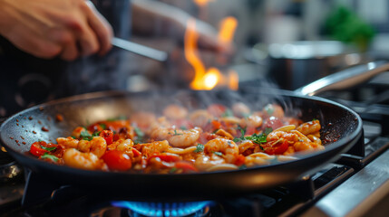 close up of a chef cooking fish, shrimp, squid. home kitchen stove, delicous meat, cuisine, landscape