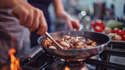 close up of a chef cooking mushroom. home kitchen stove, delicous meat, cuisine, landscape