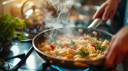 close up of a chef cooking fish. bacalhau, home kitchen stove, delicous meat, cuisine, landscape