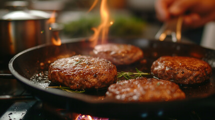 close up of a chef cooking burger patties. home kitchen stove, delicous meat, cuisine, landscape