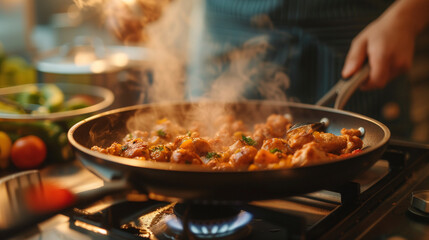 close up of a chef cooking chicken sliced cubes. home kitchen stove, delicous meat, cuisine,...