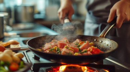 close up of a chef cooking tuna slices. home kitchen stove, delicous meat, cuisine, landscape