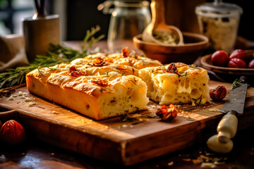 Indulge in the rustic charm of Italian focaccia bread adorned with fragrant rosemary, set against a dark background. A culinary masterpiece of simplicity and flavor. - obrazy, fototapety, plakaty