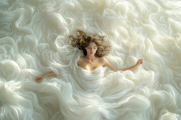 belle femme blonde, endormie dans une mer de voiles en tissu blanc, photo de mode, douceur et sensualité