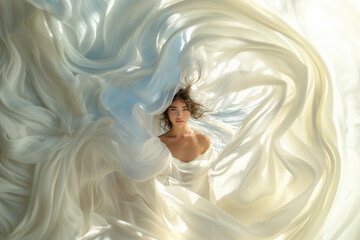 belle femme brune, entourée par des voiles en tissu blanc, photo de mode, douceur et sensualité