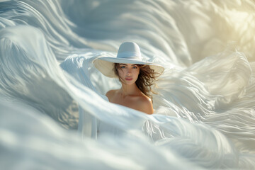 belle femme brune avec un chapeau blanc, entourée par des voiles en tissu blanc, photo de mode, douceur et sensualité