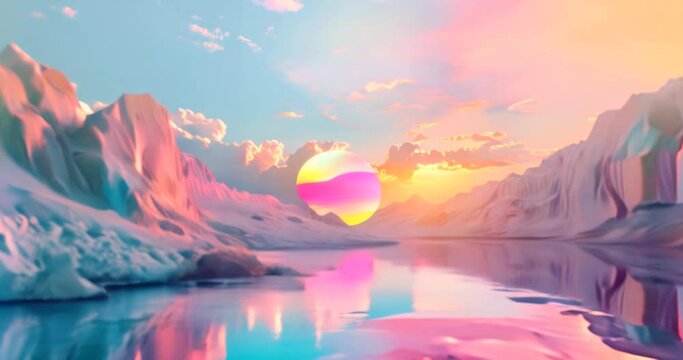 surreal landscape with vibrant sunset over reflective waters