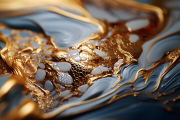 Abstract background of oil paint in golden and blue tones. Macro photography