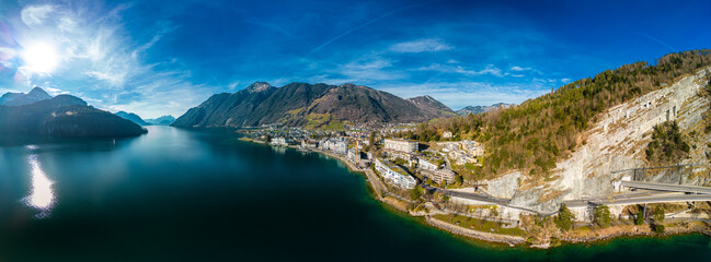 Fototapeta na wymiar Panoramic drone view of Brunnen and Ingenbohl, Switzerland