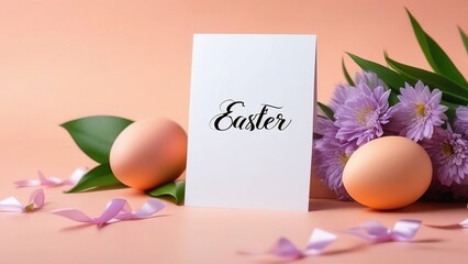 Easter greeting card, Happy Easter banner, easter eggs, flowers , greetings and eggs on peach fuzz background