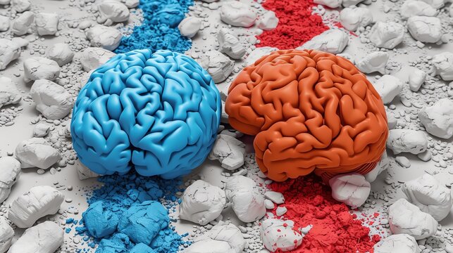 Two Brains In Stark Red And Blue, Symbolizing The Binary Political Landscape Of Red State Versus Blue State In The United States.