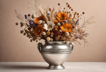 dried flower arrangement in a stylish silver vase