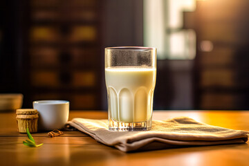 Embrace simplicity with a captivating image of a pristine glass of milk on a charming wooden table. Pure, refreshing, and a timeless representation of dairy delight.
