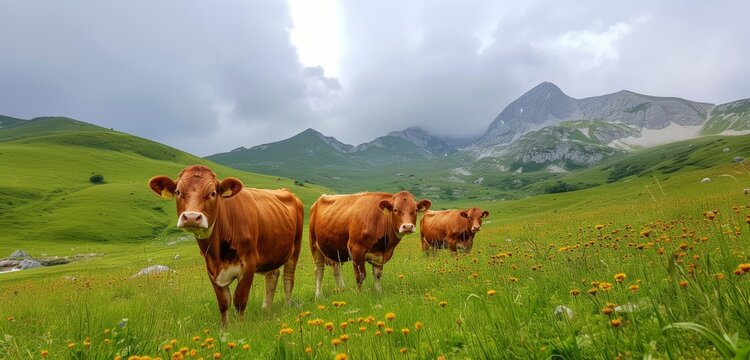 Cows grazing in a vibrant green field, with majestic mountains and a bright sky in the background.