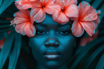 Woman with blue skin and hibiscus flowers in a tropical setting Generative AI image