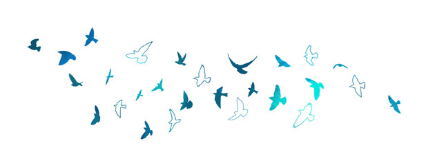A flock of blue watercolor flying birds. Free birds abstraction. hand drawing. Not AI. Vector illustration