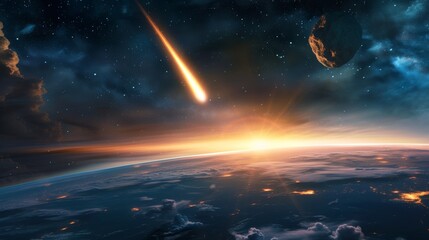 Obraz na płótnie Canvas A meteor streaks beside an asteroid, illuminating the starry sky above Earth's serene cloudscape.