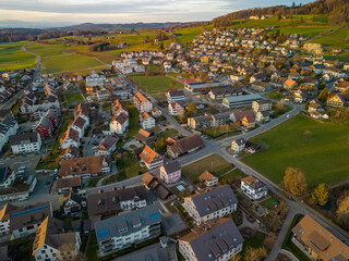 Aerial panorama view to lake Zug and Swiss Alps with Mettmenstetten, Switzerland