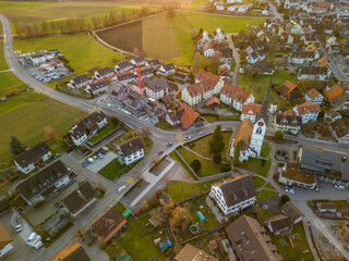 Aerial panorama view to lake Zug and Swiss Alps with Mettmenstetten, Switzerland