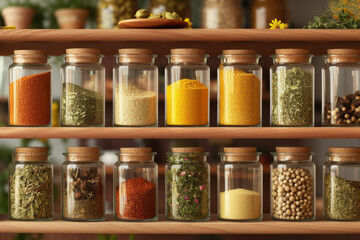 Close-up of a variety of spices and herbs in glass jars on a kitchen shelf.