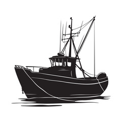 black silhouette of a Fishing Boat with thick outline side view isolated