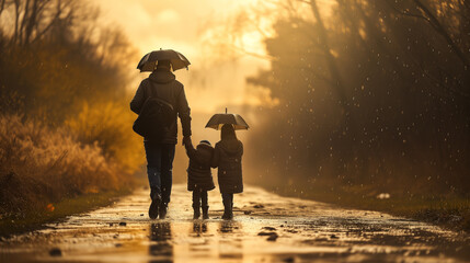 Father with two children walking along the road with umbrellas in the rain
